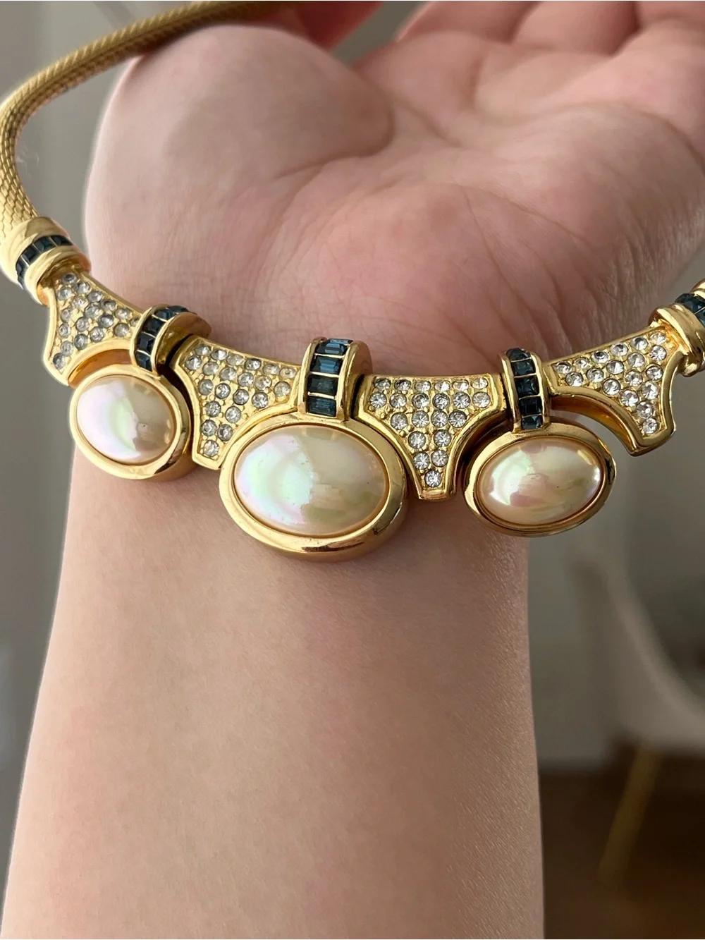 Authentic Vintage Dior Oval Pearl Cabochon Blue Stone Mesh Gold Bib Necklace